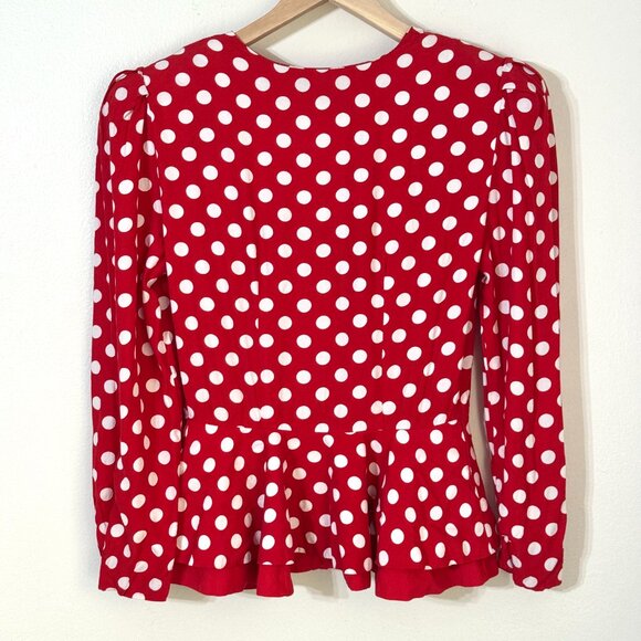 Vtg 80s MENU Polka Dot Peplum Blouse Puff Sleeves Sweetheart Red White Office - Picture 5 of 13